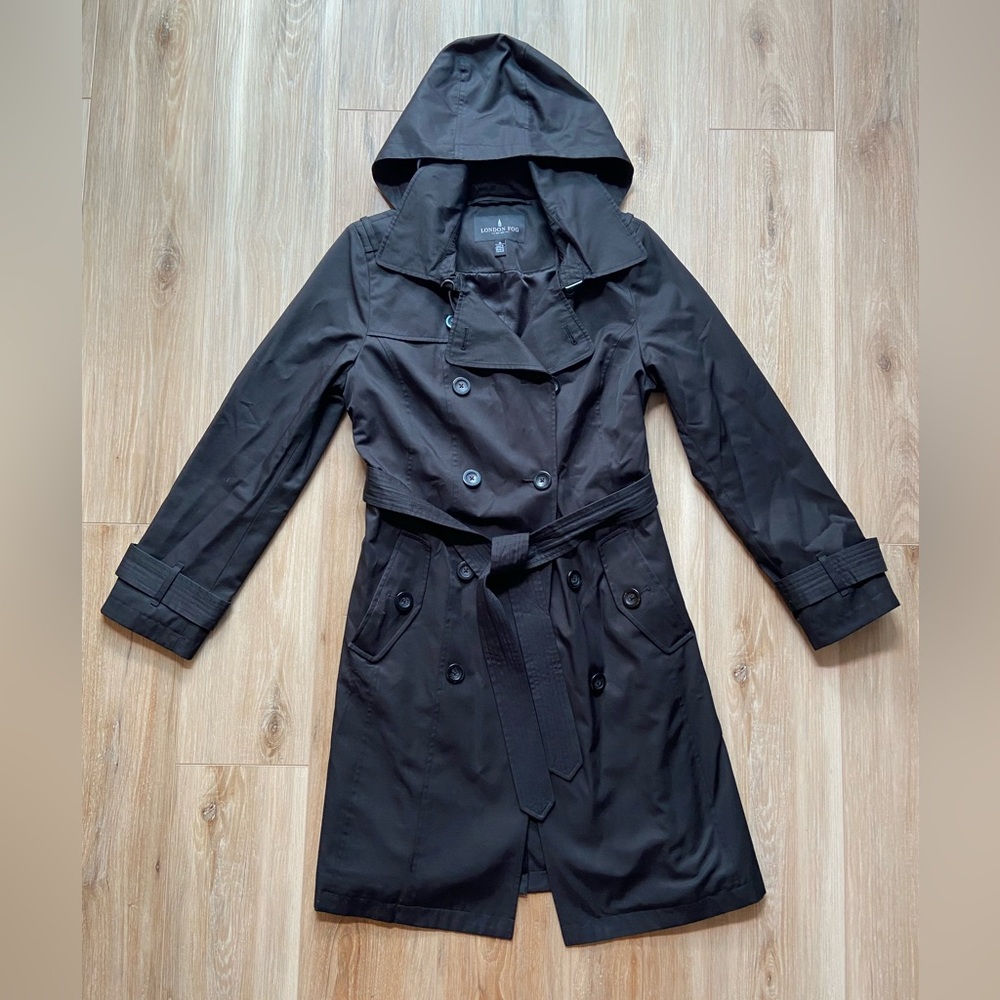 London Fog Black Women’s Hooded Double-Breasted Trench Coat Size Medium